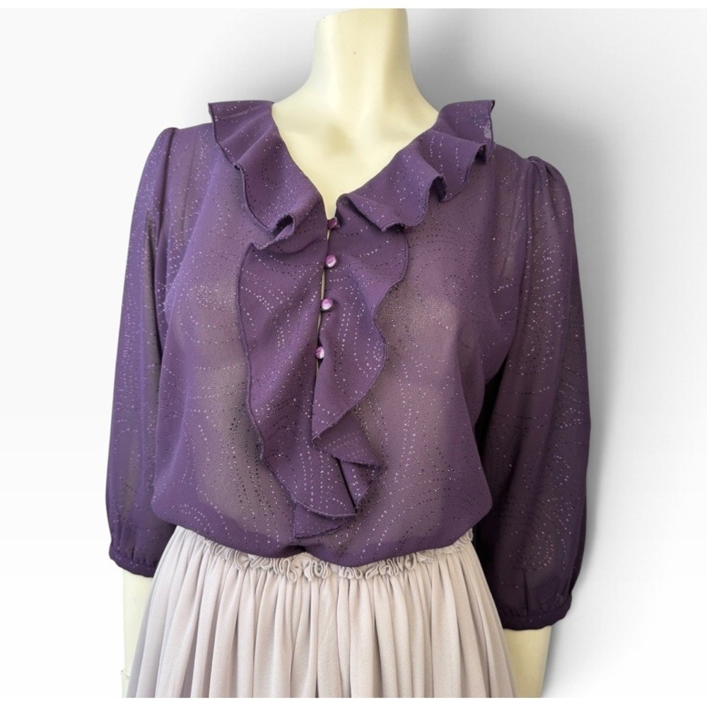 Vintage 80s Leesa Sheer Ruffle Blouse Glitter Purple 3/4 Sleeve Whimsigoth 12